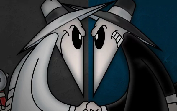 Comic Spy vs. Spy HD PC desktop wallpaper: black and white cartoon spies in fedoras face off nose-to-nose with clenched hands against a split dark gray and blue background.
