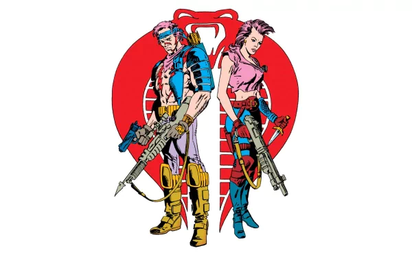 Comic G.I. Joe HD PC desktop wallpaper/background: two armed characters stand back-to-back in colorful comic art before a bold red Cobra emblem.