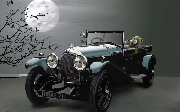 2K Quad HD PC desktop wallpaper of an old timer vehicle: a vintage roadster parked beneath a full moon, bare branches silhouetted against a muted night sky.