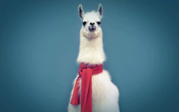 A charming llama adorned with a bright red scarf poses confidently against a soft blue background, making for an engaging HD PC desktop wallpaper.