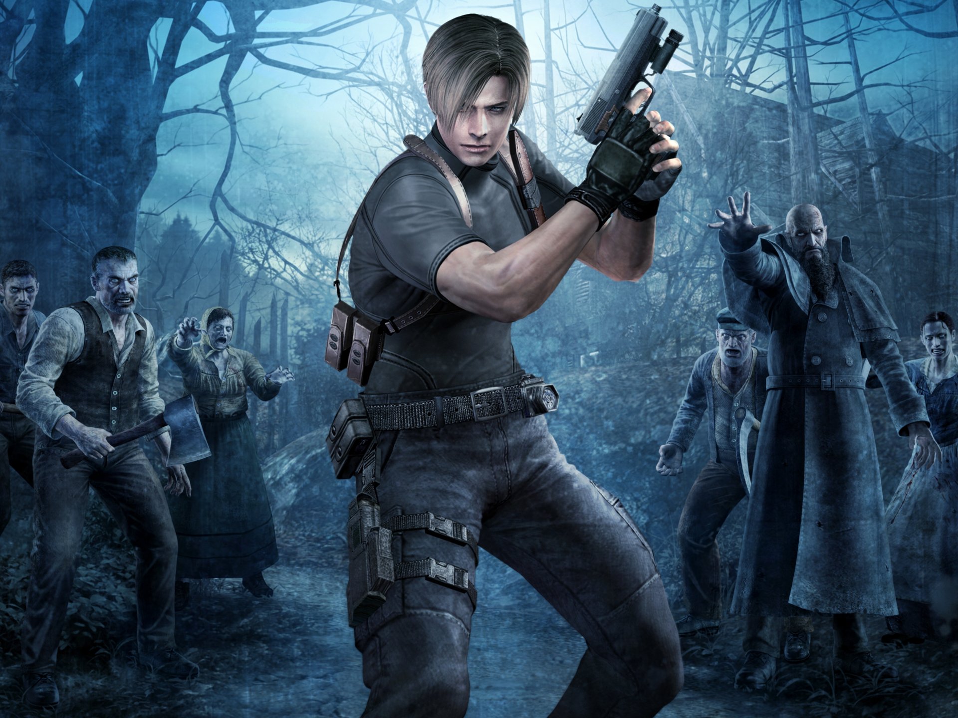 HD desktop wallpaper featuring Leon S. Kennedy from Resident Evil 4, with an intense scene of Leon holding a gun, surrounded by eerie figures in a dark forest setting.