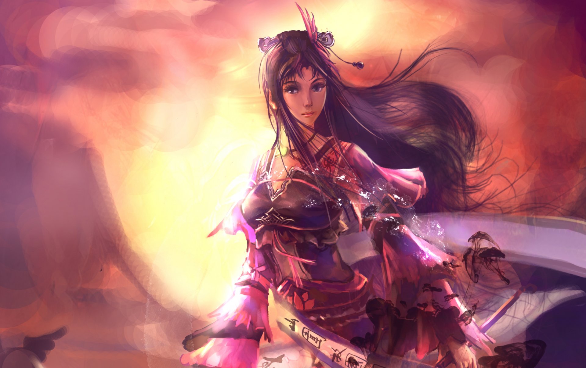 HD anime-style original PC desktop wallpaper featuring a mysterious female warrior with flowing dark hair, bathed in warm, glowing light.