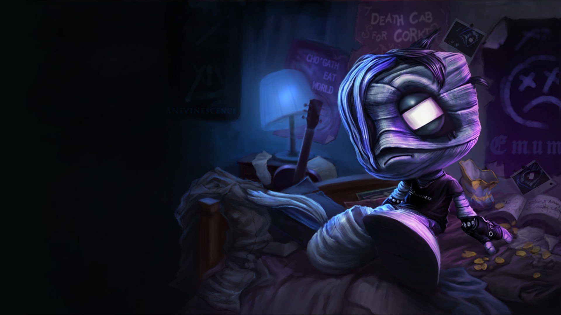Amumu (League of Legends) video game HD PC desktop wallpaper: small bandaged mummy sits on a messy bed in blue-purple light, clutching a toy amid posters and a glowing lamp.
