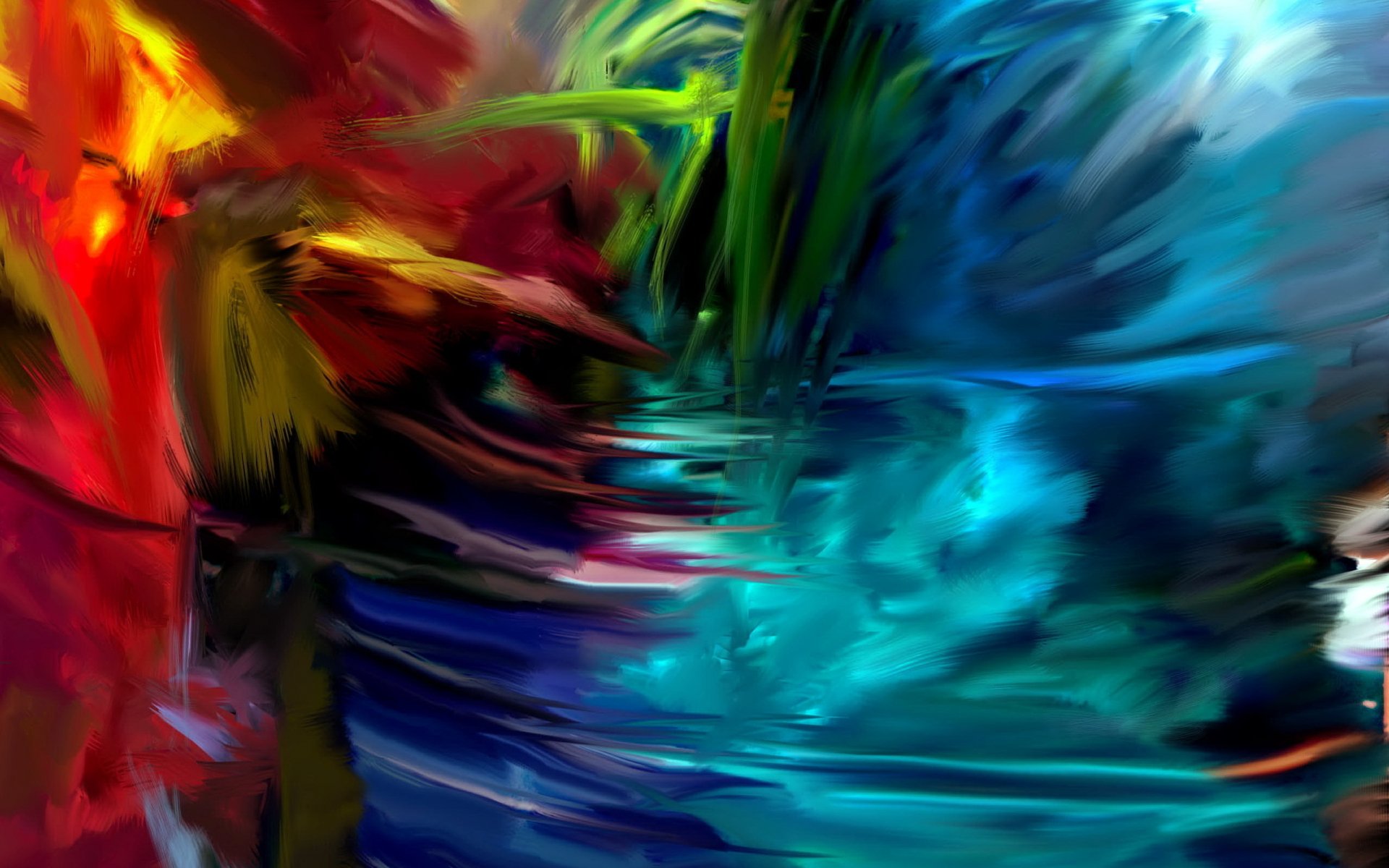 Vibrant artistic splash of colors blending red, green, and blue hues in an abstract design, creating a dynamic HD PC desktop wallpaper and background.