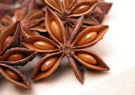 Close-up of star anise pods, showcasing their unique star shape and brown seeds. A vibrant addition to any food-themed 4K Ultra HD wallpaper or desktop background.