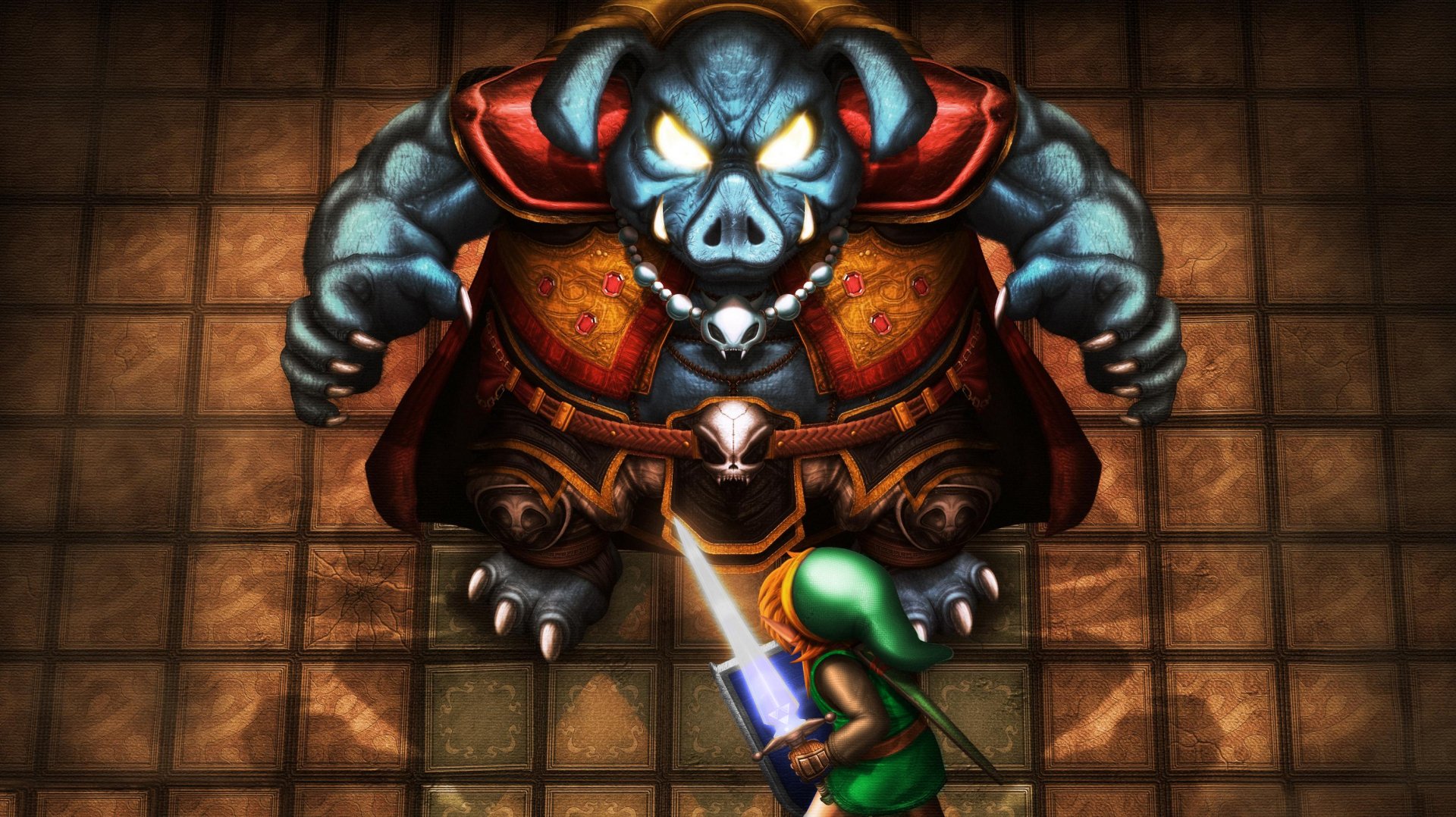 HD PC desktop wallpaper depicting a scene from the video game The Legend of Zelda: A Link to the Past, featuring Link confronting a large, armored monster.