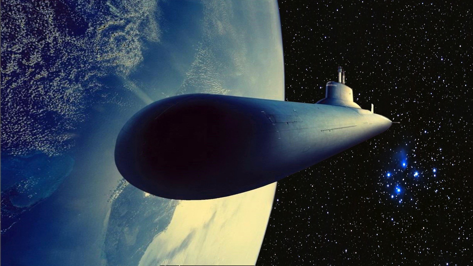Artistic artwork HD PC desktop wallpaper/background: sleek submarine-shaped spacecraft drifts above Earth against a starry backdrop and wisps of blue nebula.