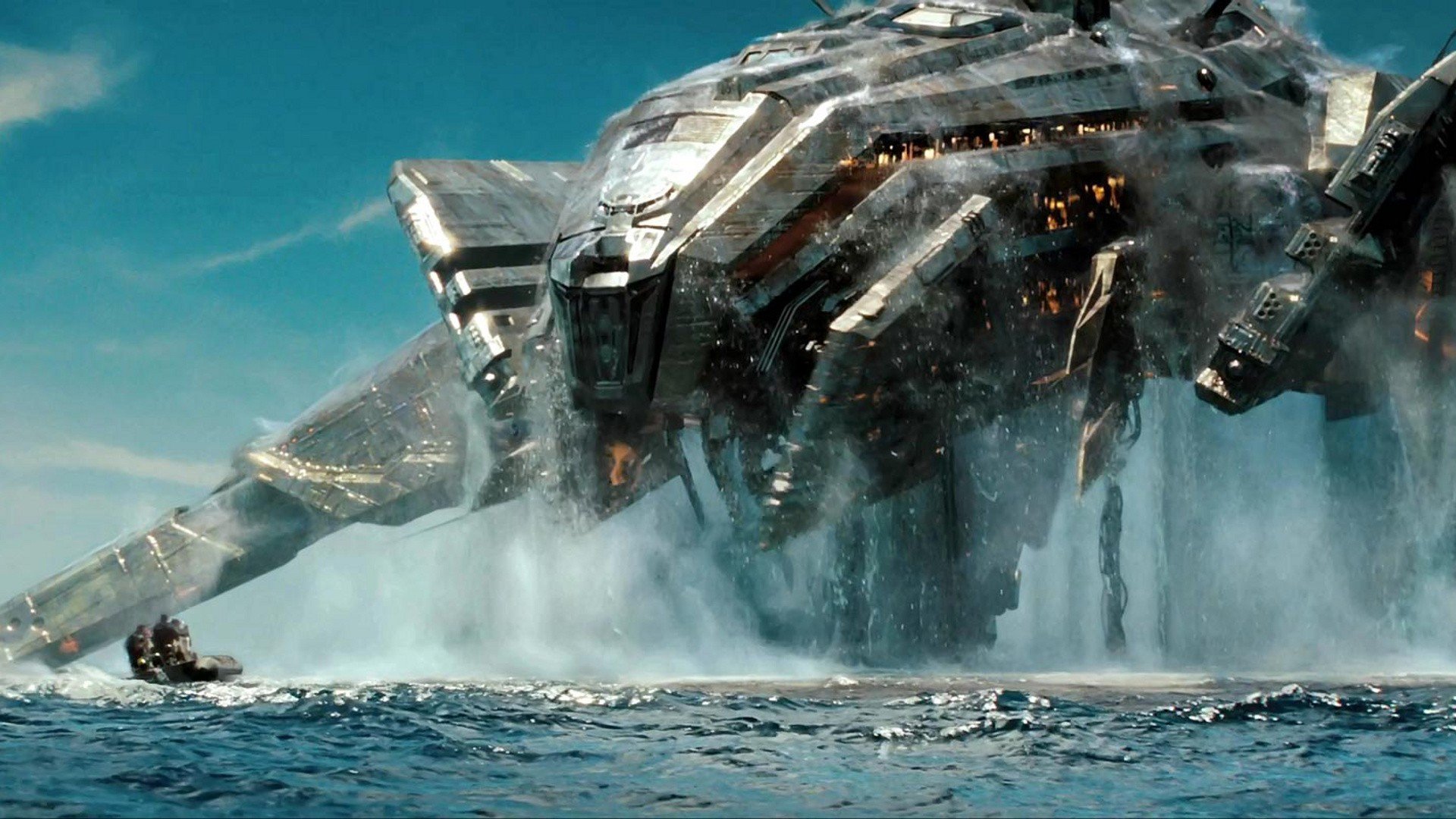 HD movie wallpaper featuring a colossal battleship emerging from the ocean, capturing intense action and sci-fi elements for a PC desktop background.