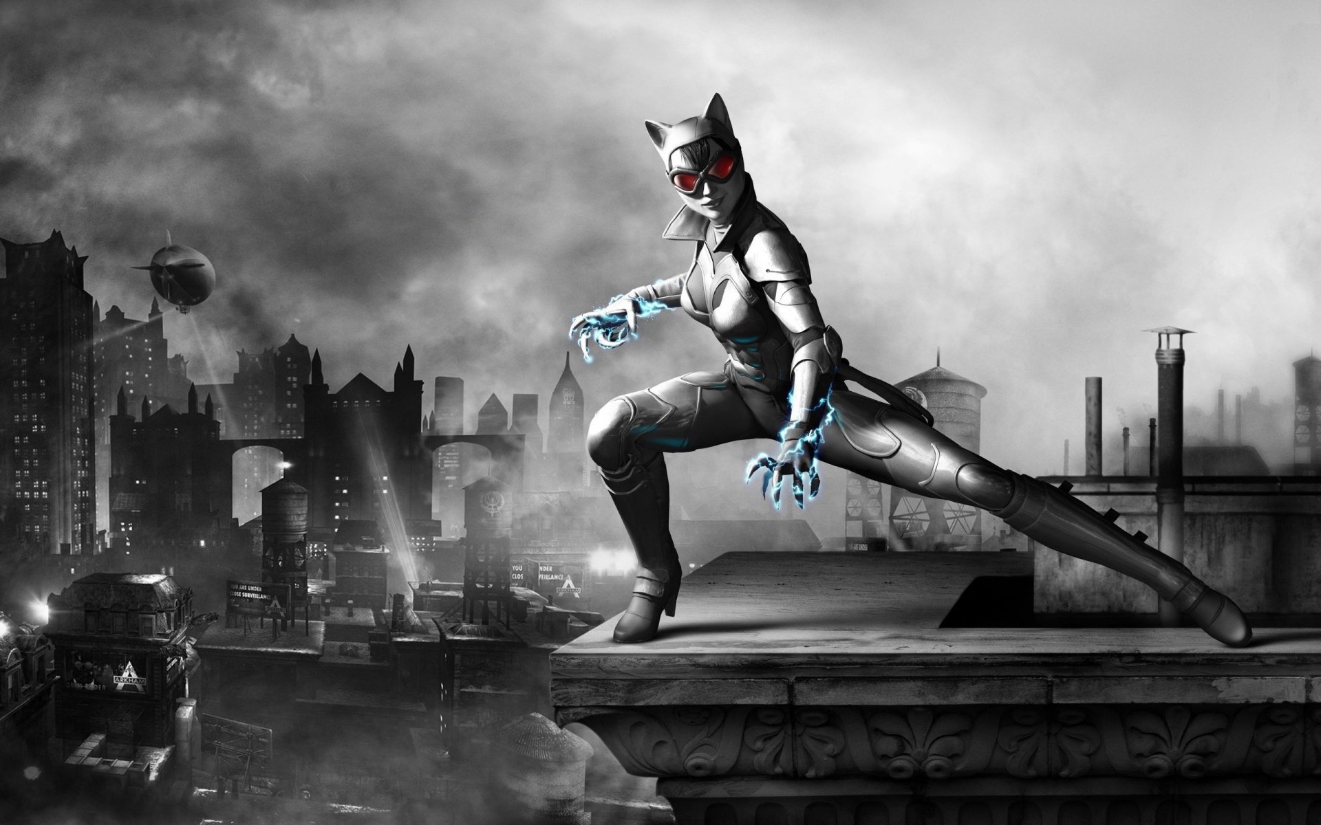 Catwoman from the video game Batman: Arkham City crouches on a rooftop overlooking a moody Gotham skyline — 2K Quad HD PC desktop wallpaper.