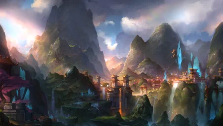 HD anime landscape wallpaper featuring a majestic mountain range with a serene village nestled among lush greenery and waterfalls, illuminated by a soft, ethereal light breaking through the clouds.