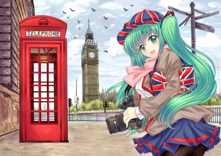 Hatsune Miku anime character in a Union Jack outfit stands in front of a red telephone booth with Big Ben in the background. HD desktop wallpaper and background.