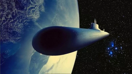 Artistic artwork HD PC desktop wallpaper/background: sleek submarine-shaped spacecraft drifts above Earth against a starry backdrop and wisps of blue nebula.