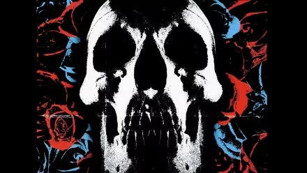 HD PC desktop wallpaper: white inkblot skull framed by red and blue roses, Deftones music-themed background.