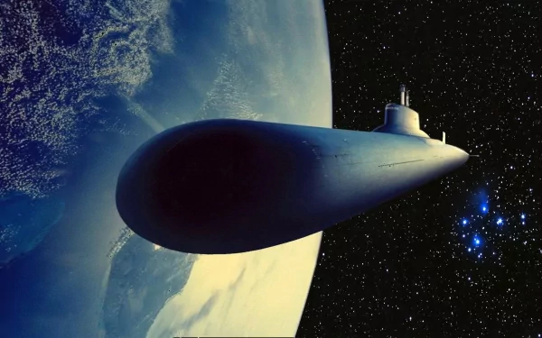 Artistic artwork HD PC desktop wallpaper/background: sleek submarine-shaped spacecraft drifts above Earth against a starry backdrop and wisps of blue nebula.