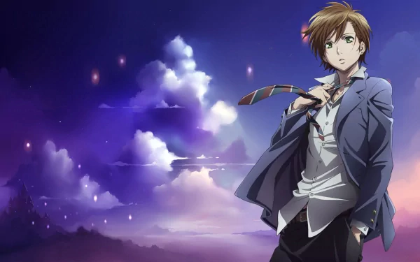 HD desktop wallpaper featuring Yoshino Takigawa from the anime Zetsuen no Tempest, set against a dreamy backdrop of clouds and twilight colors.
