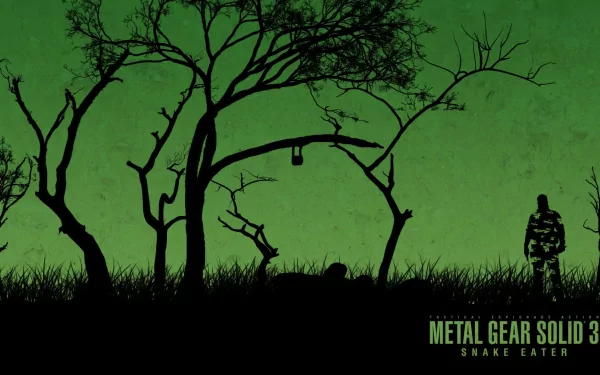 HD desktop wallpaper featuring a silhouette of a soldier in a jungle setting, inspired by the video game Metal Gear Solid 3: Snake Eater, set against a green backdrop.