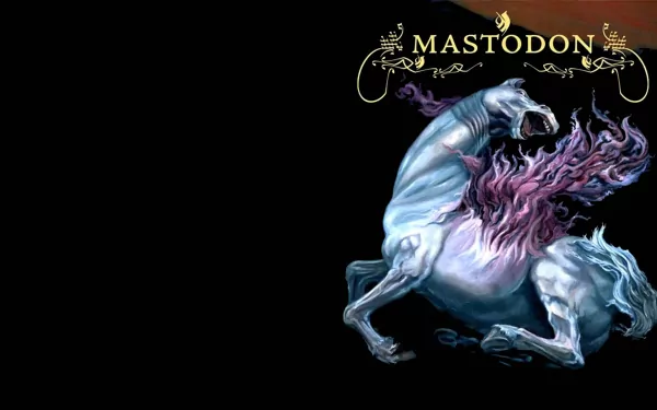 HD PC desktop wallpaper featuring surreal art of a dynamic, mythic creature with flowing purple mane and the band name Mastodon in ornate gold lettering above.