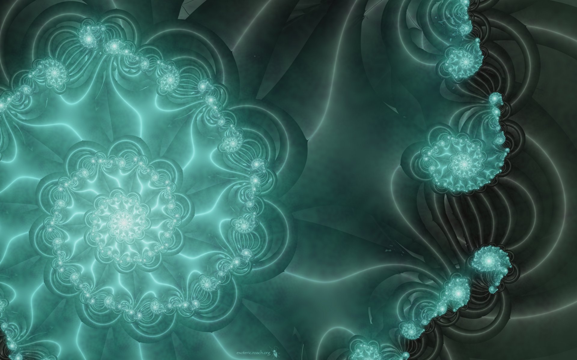 HD abstract fractal design featuring intricate turquoise spirals and glowing patterns, creating a mesmerizing and dynamic desktop wallpaper background.