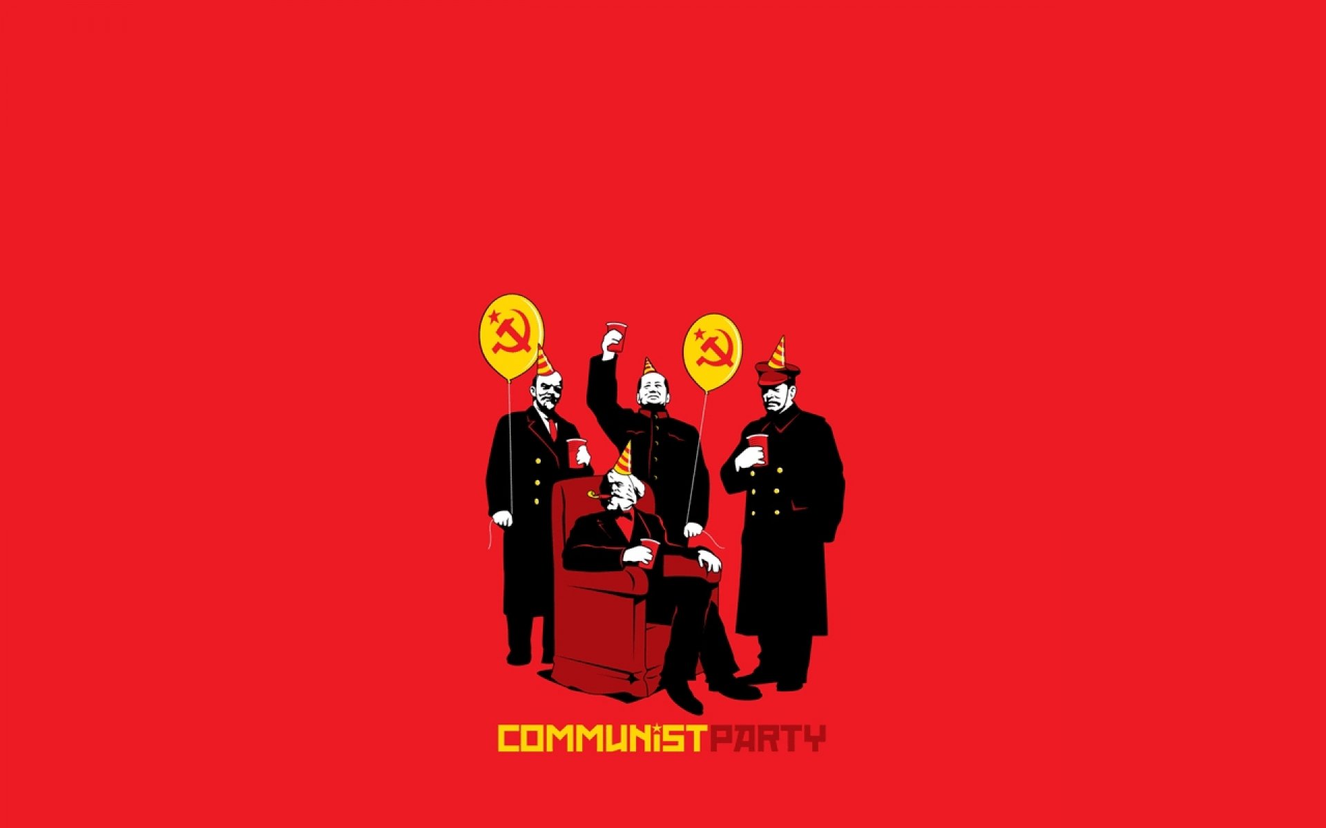 Funny fun-art 2K Quad HD PC desktop wallpaper: bold red scene with four black-suited figures, one seated, surrounded by yellow hammer-and-sickle emblems, caption COMMUNIST PARTY.