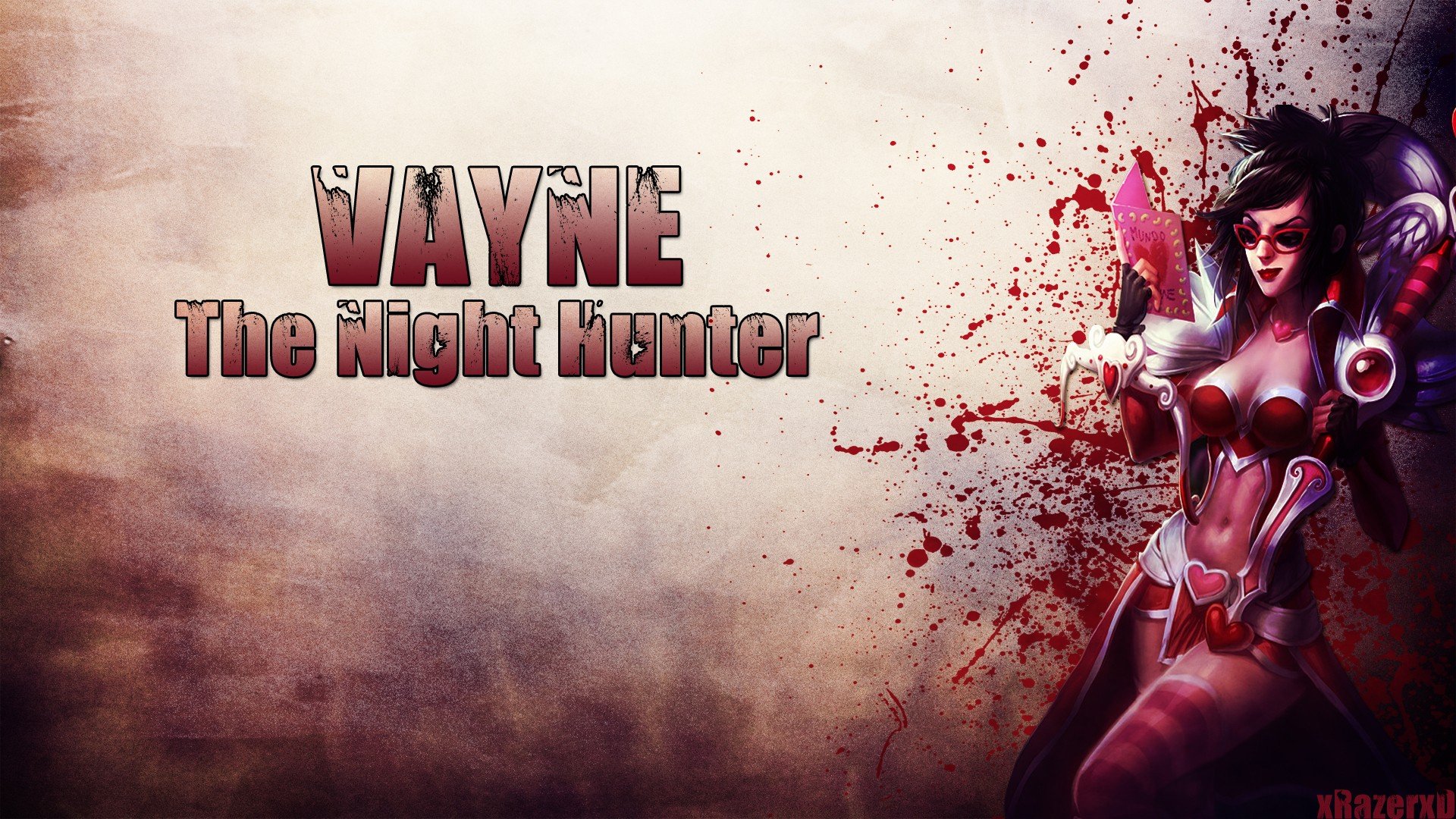 HD PC desktop wallpaper of Vayne, The Night Hunter (League of Legends) — video game art of the champion poised with crossbow amid a blood-splattered background and title text on the left.
