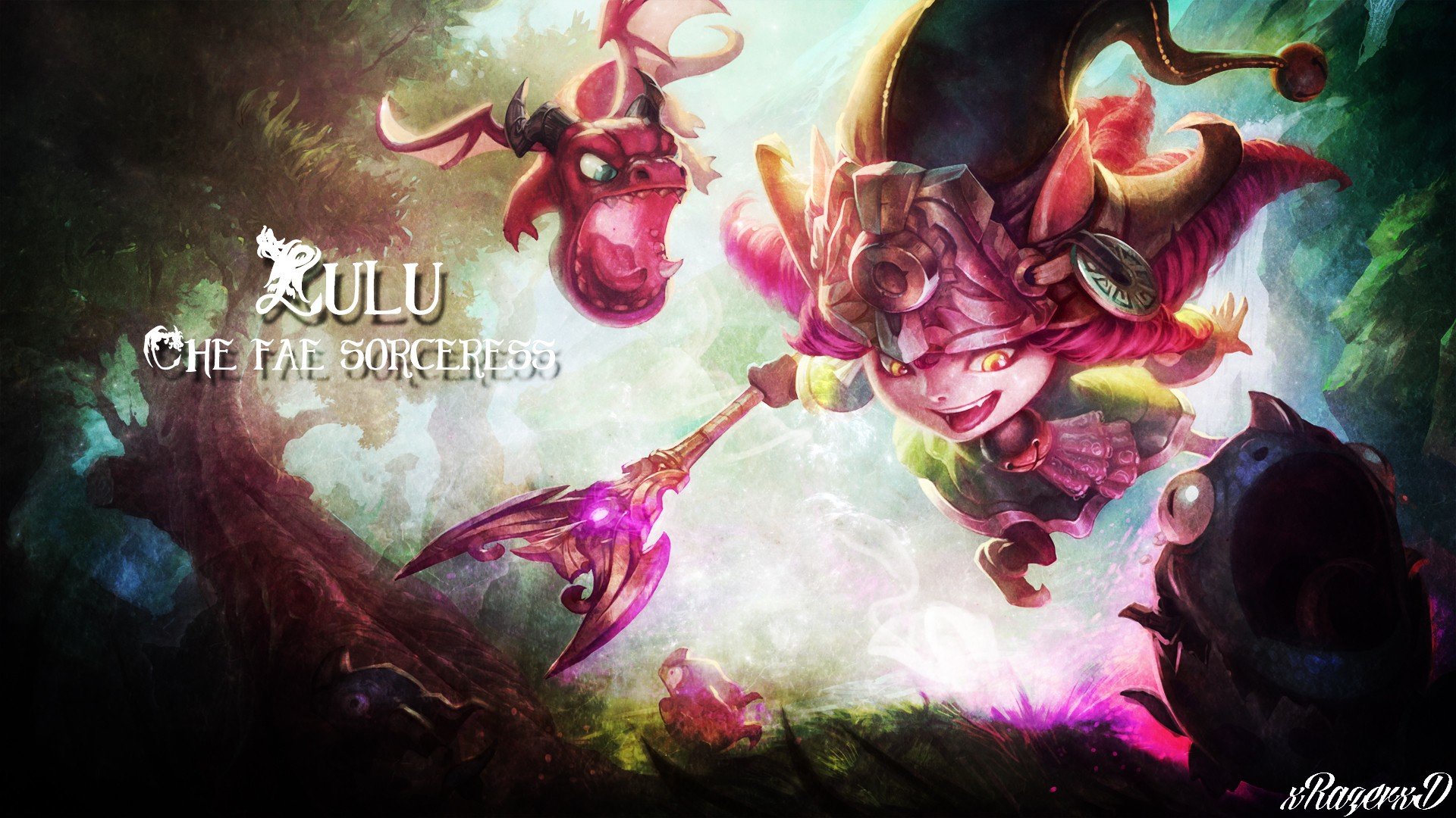 HD PC desktop wallpaper featuring Lulu, the Fae Sorceress from the video game League of Legends, showcasing vibrant fantasy art with magical and whimsical elements.