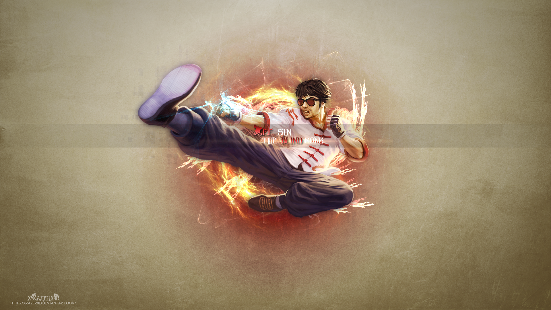 HD PC desktop wallpaper featuring Lee Sin from the video game League of Legends, showcasing dynamic martial arts action with fiery effects.