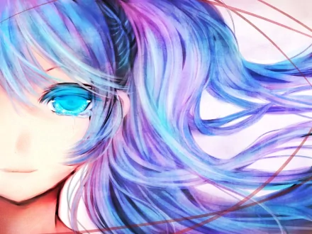HD desktop wallpaper featuring Hatsune Miku, an anime character and Vocaloid, with vibrant blue and purple hair blowing across a colorful background.