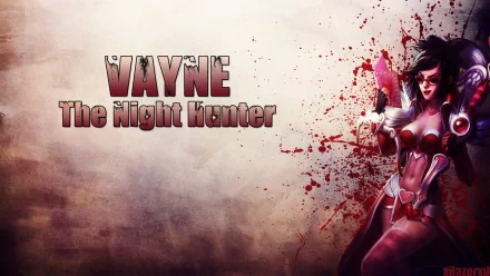 HD PC desktop wallpaper of Vayne, The Night Hunter (League of Legends) — video game art of the champion poised with crossbow amid a blood-splattered background and title text on the left.