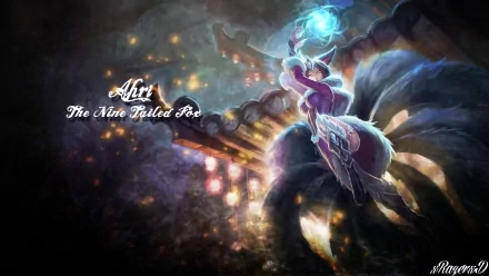 HD PC desktop wallpaper of Ahri from the League of Legends video game: the nine‑tailed fox mid‑flight, casting a glowing orb over a city‑lit fantasy backdrop.
