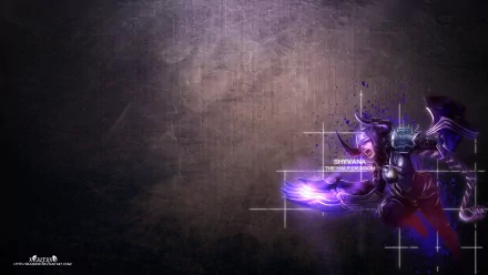 HD PC desktop wallpaper and background featuring Shyvana (League of Legends) from the video game, posed at right with a purple glowing blade against a dark textured backdrop.