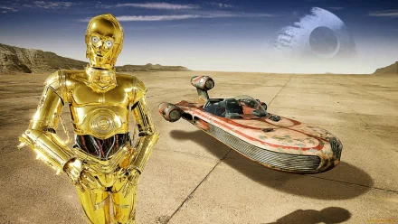 C-3PO stands in a desert landscape with a speeder in the background, set against the iconic backdrop of the Star Wars universe, creating a striking HD desktop wallpaper.