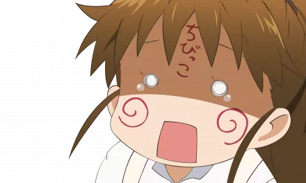 Chibi shocked anime character from Working!! with spiral cheeks, teary eyes and forehead scribble — 2K Quad HD PC desktop wallpaper and background.