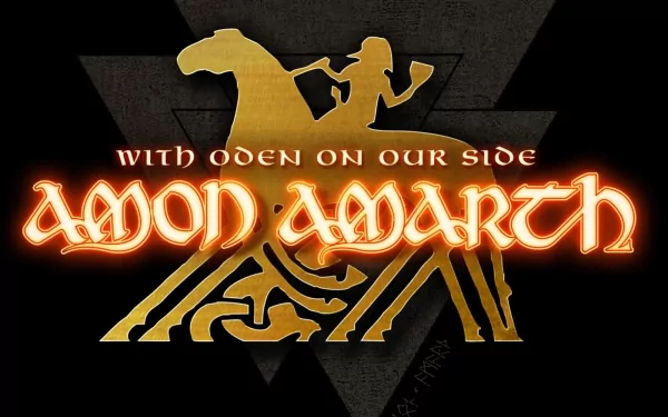 HD PC desktop wallpaper featuring Amon Amarth's fiery logo with the phrase With Oden on Our Side and a stylized Viking figure, reflecting the band's music theme.