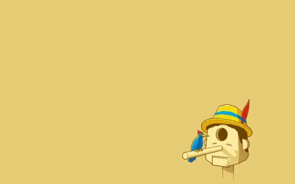 Funny Pinocchio cartoon with long nose and feathered hat on pale yellow canvas — 2K Quad HD PC desktop wallpaper and background.