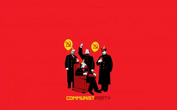 Funny fun-art 2K Quad HD PC desktop wallpaper: bold red scene with four black-suited figures, one seated, surrounded by yellow hammer-and-sickle emblems, caption COMMUNIST PARTY.