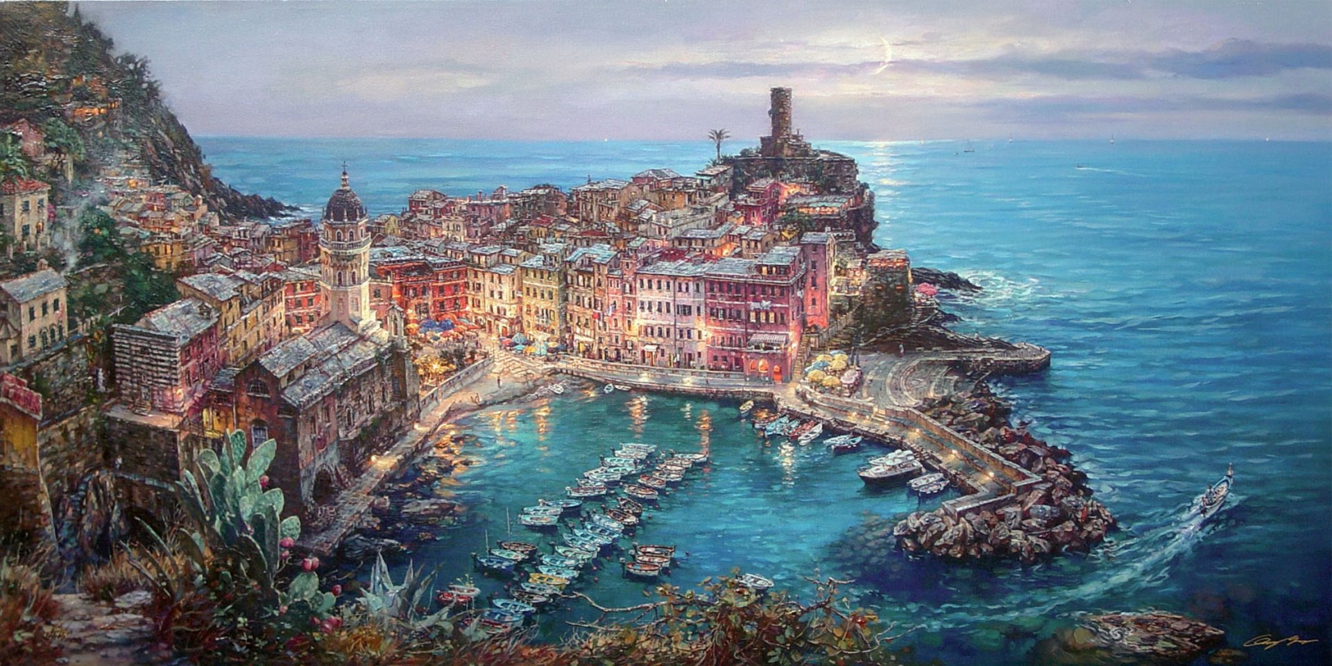 Colorful artistic painting of Vernazza, Italy, capturing the scenic harbor and vibrant buildings, designed as an HD PC desktop wallpaper and background.