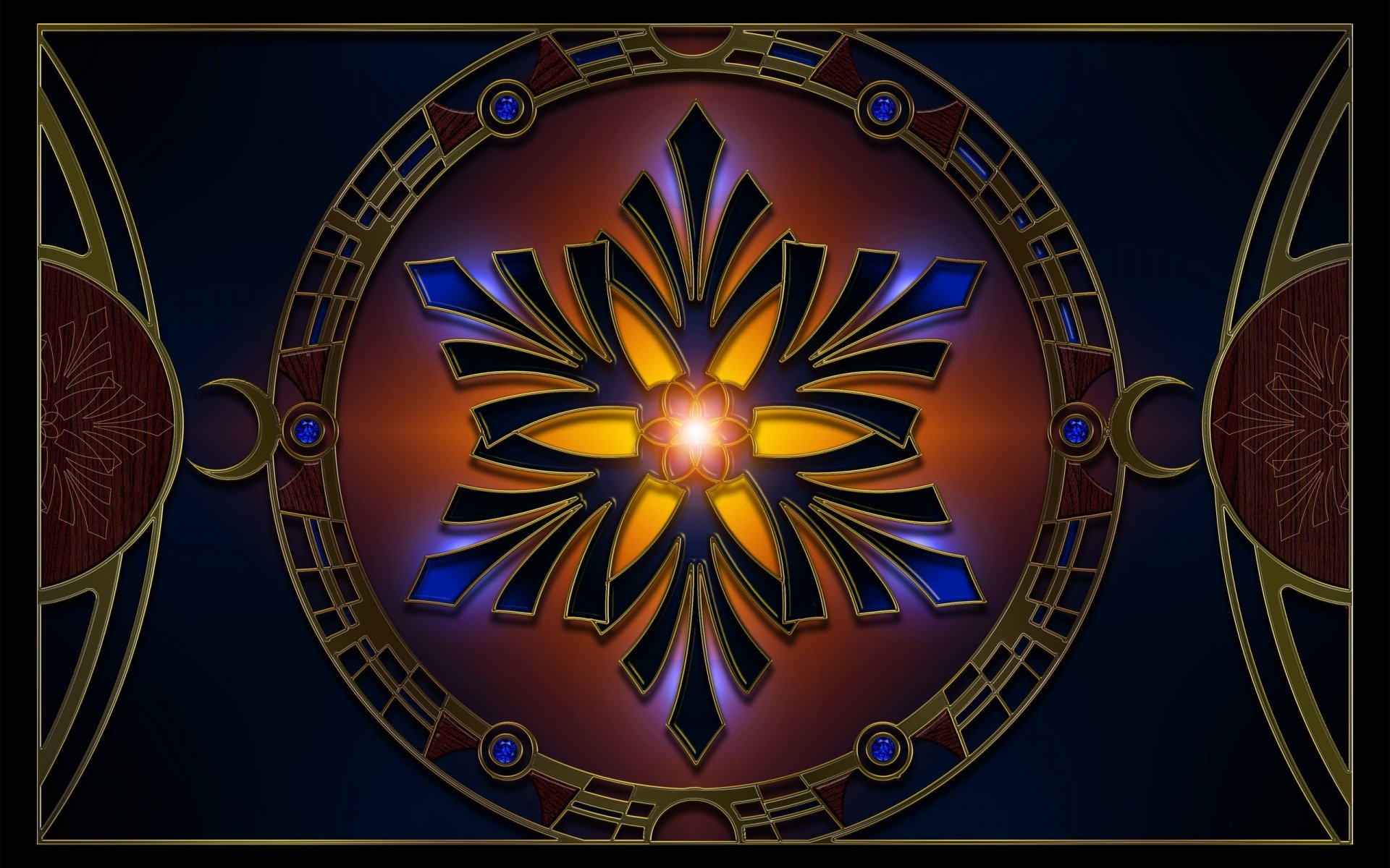 Abstract fractal design with vibrant blue, gold, and orange hues forming a symmetrical pattern, presented as an HD PC desktop wallpaper and background.