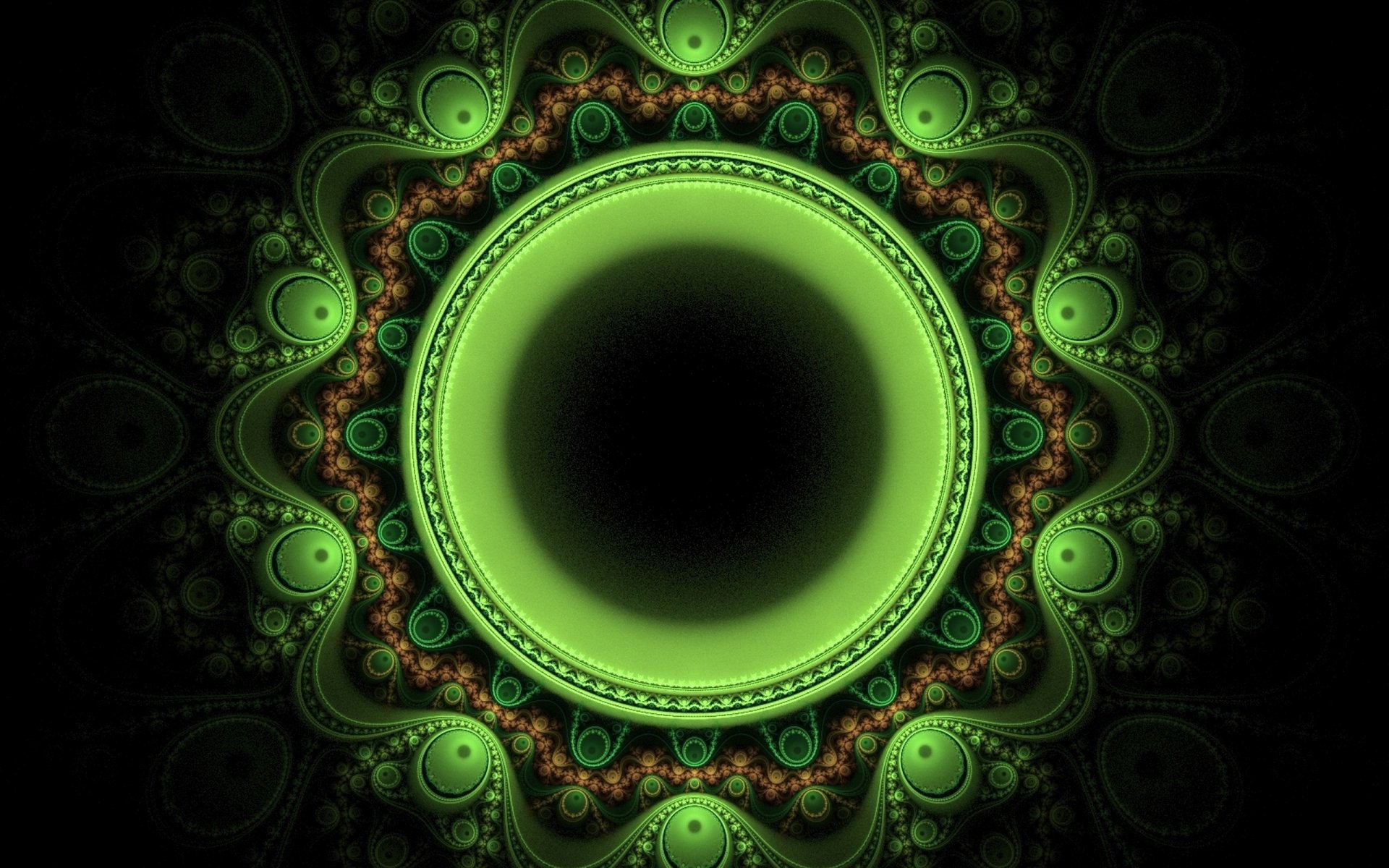 A vibrant, psychedelic abstract design featuring intricate fractal patterns in green and black, creating a mesmerizing visual experience for HD desktop wallpaper.