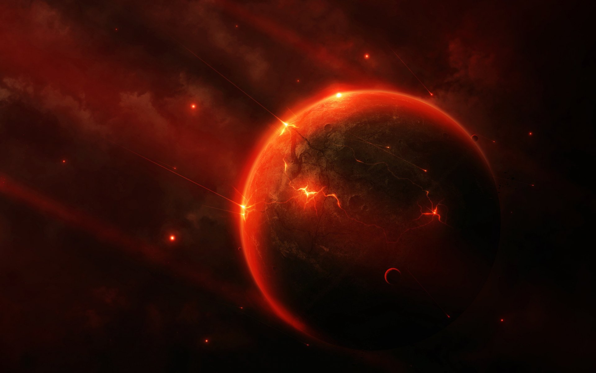 A vivid sci-fi depiction of a planet surrounded by swirling cosmic elements, featuring dramatic red and orange hues. This HD wallpaper adds a captivating background to any desktop.