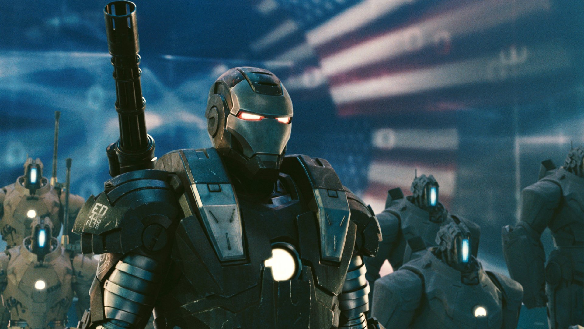 HD PC desktop wallpaper featuring Iron Man 2's War Machine and armored suits against a backdrop with the American flag.