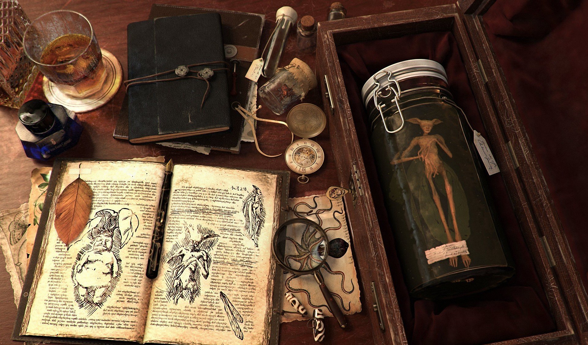 HD still life photography of vintage scientific and anatomical objects, including an open illustrated book, glass jars, a compass, and handwritten notes on a wooden surface.