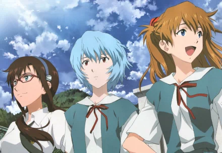 HD PC desktop wallpaper featuring Mari Makinami Illustrious, Asuka Langley Sohryu, and Rei Ayanami from Evangelion: 2.0 You Can (Not) Advance in a bright outdoor scene.