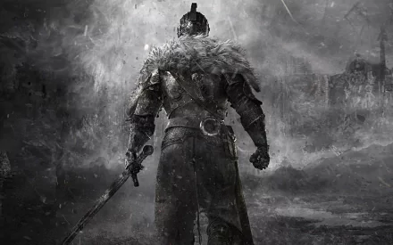 HD desktop wallpaper of Dark Souls II featuring a lone warrior standing in a dark, desolate landscape, holding a sword with his back turned towards the viewer.
