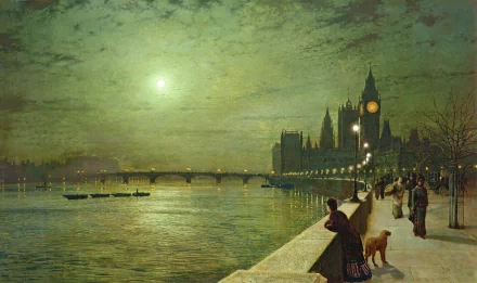 A serene painting of a riverside scene at night, featuring figures strolling along the water with boats and the iconic architecture of London in the background, designed as a 4K Ultra HD wallpaper.