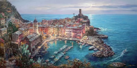 Colorful artistic painting of Vernazza, Italy, capturing the scenic harbor and vibrant buildings, designed as an HD PC desktop wallpaper and background.