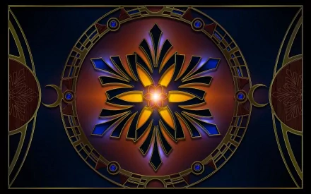 Abstract fractal design with vibrant blue, gold, and orange hues forming a symmetrical pattern, presented as an HD PC desktop wallpaper and background.