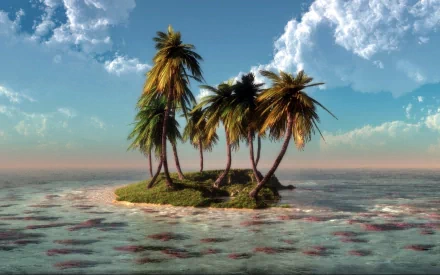 HD PC desktop wallpaper/background: tiny tropical island with leaning palm trees, calm turquoise sea and dramatic clouds on the horizon.