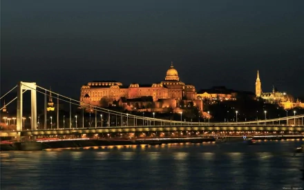 HD PC desktop wallpaper of Budapest, Hungary at night — illuminated Buda Castle and Elizabeth Bridge over the Danube, man-made skyline reflected in the water.