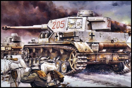 A dramatic HD wallpaper depicting military tanks on a battlefield, featuring soldiers advancing amidst a smoky, intense atmosphere.