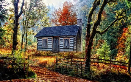 HD PC desktop wallpaper featuring a man-made wooden cabin nestled in a vibrant autumn forest with colorful foliage and dappled sunlight.